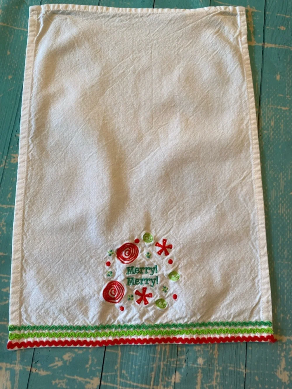 Merry! Merry! Embroidered Holiday Kitchen Towel - Red & Green
